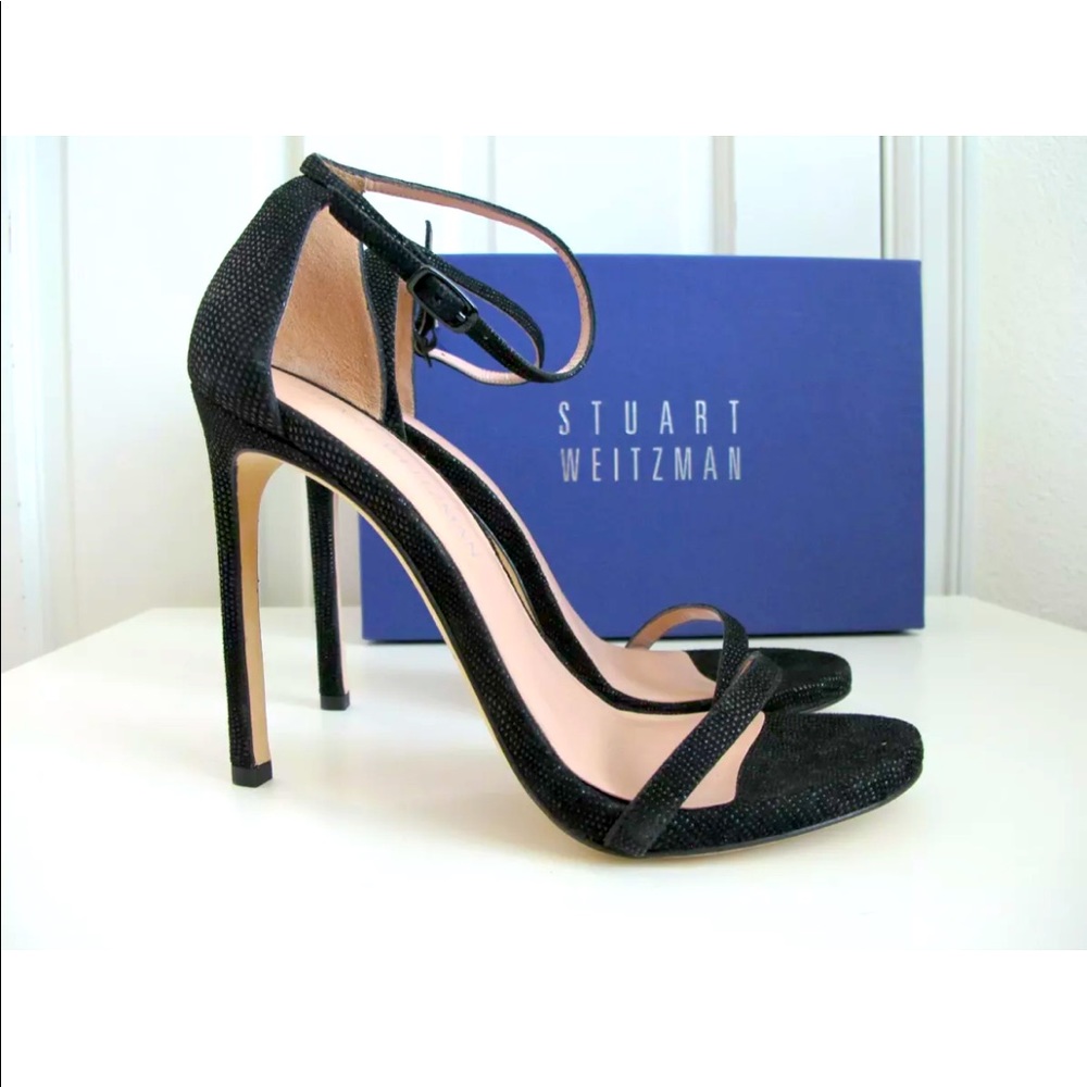 Stuart Weitzman leather Nudist Ankle Strap Sandals Black Goosebump sz 6.5